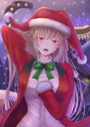 Rule 34 | 1girl, absurdres, blouse, breasts, coat, fate/grand order, fate (series), florence nightingale (fate), florence nightingale (santa) (fate), green ribbon, hat, highres, huge filesize, long hair, looking at viewer, night, night sky, open mouth, penguintake, pink hair, red coat, red eyes, red hat, ribbon, santa costume, santa hat, shirt, sky, snowing, solo, star (sky), tree, upper body