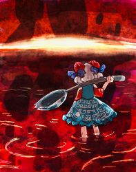 Rule 34 | 1girl, blood, blue dress, blue ribbon, commentary, curly hair, detached sleeves, dress, eye print, from behind, goat horns, highres, holding spork, horn ornament, horn ribbon, horns, meandros, oversized object, pool of blood, red horns, red sleeves, ribbon, ripples, rome35793562, solo, spork, touhou, toutetsu yuuma, white hair