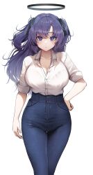 Rule 34 | 1girl, absurdres, alternate costume, blue archive, blush, breasts, cleavage, collarbone, denim, doyoon 7, feet out of frame, halo, hand on own hip, high-waist skirt, highres, jeans, large breasts, looking at viewer, open collar, pants, purple eyes, purple hair, shirt, shirt tucked in, simple background, skirt, sleeves rolled up, solo, two side up, white background, white shirt, yuuka (blue archive)