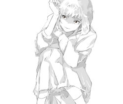 Rule 34 | 1girl, check copyright, closed mouth, collared shirt, copyright request, curled up, greyscale, hand on own chest, hand on own face, kneehighs, long sleeves, monochrome, original, pants, partially colored, pink eyes, ranko no ane, shirt, short hair, sketch, smile, socks, wavy mouth, white background