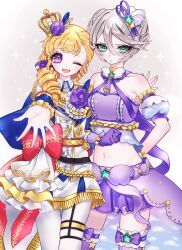 Rule 34 | 2girls, ao (ao0 0nemu), arm behind back, bad id, bad twitter id, bare shoulders, blonde hair, breasts, closed mouth, commentary request, cosplay, costume switch, crop top, crown, detached sleeves, green eyes, grey hair, hair between eyes, highres, idol time pripara, jacket, long hair, looking at viewer, mini crown, multiple girls, navel, one eye closed, open mouth, outstretched arm, pants, pretty series, pripara, puffy detached sleeves, puffy sleeves, purple eyes, purple shirt, purple skirt, reaching, reaching towards viewer, ringlets, shikyoin hibiki, shirt, short hair, skirt, small breasts, smile, standing, two side up, white jacket, white pants, yumekawa yui