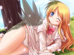 Rule 34 | 1girl, blonde hair, blue eyes, blush, bow, capelet, clothes lift, dress, dress lift, female focus, grass, lily white, long hair, lying, lzh, no headwear, no headwear, on side, one eye closed, panties, pantyshot, petals, solo, touhou, tree, underwear, upskirt, wavy mouth, white panties, wince, wink