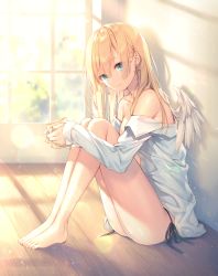 Rule 34 | 1girl, angel wings, armpit crease, ass, bare legs, bare shoulders, barefoot, bikini, bikini bottom only, black bikini, blonde hair, blue eyes, breasts, closed mouth, collarbone, cross, cross earrings, cup, day, dress shirt, earrings, feathered wings, feet, highres, holding, holding cup, indoors, jewelry, knees up, latin cross, long hair, long sleeves, looking at viewer, looking to the side, mug, no bra, no pants, off shoulder, open clothes, open shirt, original, shadow, shirt, side-tie bikini bottom, sitting, small breasts, smile, solo, sunlight, swimsuit, thighs, toes, toosaka asagi, white shirt, window, wings