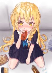 Rule 34 | 1girl, absurdres, alternate costume, between legs, black dress, blonde hair, blush, bow, braid, bread, commentary request, dress, fang, food, food request, from above, furrowed brow, hair bow, hand between legs, hand to own mouth, highres, holding, holding food, kirisame marisa, long hair, looking at viewer, melon bread, nervous, noritamaru, nose blush, pleated skirt, school uniform, serafuku, single braid, sitting, skirt, solo, touhou, uniform, very long hair, wariza, wavy mouth, white bow, yakisoba, yellow eyes