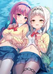 Rule 34 | 2girls, :o, ahoge, blue hair, blue hairband, blue skirt, blunt bangs, blush, bow, bowtie, braid, breasts, colored inner hair, grey hair, hair bun, hair ornament, hairband, highres, holding hands, hololive, jacket, large breasts, light blue hair, long hair, long sleeves, looking at viewer, lying, midriff, milkshakework, minato aqua, miniskirt, multicolored hair, multiple girls, murasaki shion, navel, on back, open clothes, open jacket, open mouth, pantyhose, partially submerged, partially unbuttoned, pink hair, pleated skirt, purple eyes, school uniform, shirt, sidelocks, single hair bun, single side bun, skirt, small breasts, smile, streaked hair, thigh strap, thighlet, two-tone hair, virtual youtuber, water, white pantyhose, white shirt, yellow eyes
