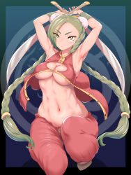 Rule 34 | 1girl, armpits, arms up, braid, breasts, cleavage, cleavage cutout, clothing cutout, double bun, green hair, hair bun, hair over one eye, highres, holding, holding weapon, kous (onetwojustice), large breasts, live a live, long hair, looking at viewer, medium breasts, navel, rin (live a live), solo, twin braids, underboob, very long hair, weapon, yellow eyes