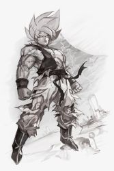 Rule 34 | 1boy, belt, boots, clenched hands, closed mouth, dragon ball, dragonball z, flying, greyscale, hungry clicker, male focus, monochrome, muscular, namek, solo, son goku, super saiyan, super saiyan 1, thunder, torn clothes