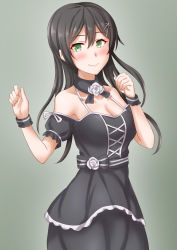 Rule 34 | 1girl, alternate costume, anti (untea9), bare shoulders, black dress, black hair, breasts, cleavage, detached collar, dress, flower, gradient background, green eyes, grey background, hair between eyes, highres, kantai collection, looking at viewer, medium breasts, neck ribbon, oyashio (kancolle), puffy short sleeves, puffy sleeves, ribbon, rose, short sleeves, white flower, white rose