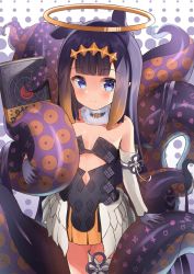 Rule 34 | 1girl, aged down, ao-chan (ninomae ina&#039;nis), bad id, bad pixiv id, black gloves, black hair, blue eyes, blush, book, child, closed mouth, commentary request, detached collar, gloves, halo, hiruno ushiro, hololive, hololive english, long hair, looking at viewer, ninomae ina&#039;nis, ninomae ina&#039;nis (1st costume), single thighhigh, smile, solo, standing, tentacles, thighhighs, virtual youtuber, white thighhighs