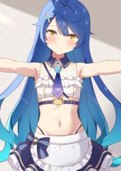Rule 34 | 1girl, absurdres, ahoge, amamiya kokoro, apron, armpits, bad id, bad pixiv id, bare shoulders, belt, blue belt, blue hair, blush, bustier, detached collar, frills, hair between eyes, hair ornament, high-waist panties, highres, layered skirt, long hair, miniskirt, navel, necktie, nijisanji, outstretched arms, redwinead, revealing clothes, skirt, smile, solo, spread arms, very long hair, virtual youtuber, waist apron, x hair ornament