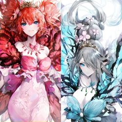 Rule 34 | 2girls, artist request, blue dress, blue eyes, blush, breasts, bug, butterfly, butterfly wings, cleavage, dress, fairy, feo ul, final fantasy, final fantasy xiv, grey hair, hair over one eye, hair up, highres, huge breasts, insect, insect wings, jewelry, long ears, long hair, multiple girls, necklace, petal, pink dress, pointy ears, red hair, tiara, titania (final fantasy), wide hips, wings