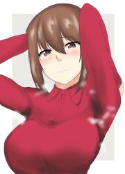 Rule 34 | 1girl, arms behind head, blush, breasts, brown eyes, brown hair, girls und panzer, highres, iwanishi, large breasts, looking at viewer, nishizumi maho, red shirt, shirt, short hair, solo, steaming body, upper body