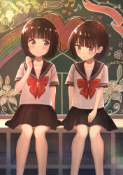 Rule 34 | 2girls, ai ai gasa, bad id, bad pixiv id, black hair, black skirt, blush, bob cut, closed mouth, collarbone, commentary request, hand up, heart, highres, knees, looking at another, looking away, looking to the side, multiple girls, original, pleated skirt, sailor collar, shirt, short hair, short sleeves, sitting, skirt, tanbonota46, white shirt, yuri