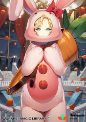 Rule 34 | 1girl, animal costume, bad id, bad pixiv id, blonde hair, blue eyes, bow, rabbit costume, buttons, carchet, carrot, chandelier, character request, company name, copyright name, cowboy shot, curtains, lamp, looking at viewer, night, night sky, official art, parted lips, petals, qurare magic library, red bow, sky, solo, tearing up, water, watermark, window
