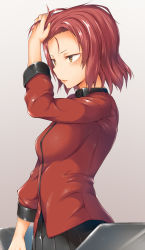 Rule 34 | 10s, brown eyes, commentary request, girls und panzer, hand in own hair, hatch, highres, jacket, military, military uniform, parted bangs, parted lips, pleated skirt, red hair, rosehip (girls und panzer), shiny skin, short hair, skirt, solo, spirytus tarou, uniform