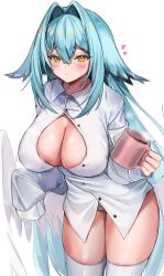 Rule 34 | 1girl, absurdres, black hair, blue hair, blush, breasts, cleavage, collared shirt, commentary, cowboy shot, crossed bangs, cup, double-parted bangs, english commentary, feathered wings, gradient hair, grey panties, hair between eyes, hair intakes, heart, highres, holding, holding cup, large breasts, leaning forward, long hair, long sleeves, looking at viewer, low wings, mug, multicolored hair, no pants, original, panties, partially unbuttoned, shirt, simple background, sleeves past wrists, solo, thick thighs, thighhighs, thighs, two-tone hair, underwear, very long hair, white background, white shirt, white thighhighs, white wings, wings, yellow eyes, yuniiho