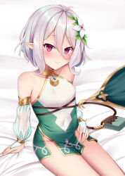 Rule 34 | 1girl, antenna hair, bare shoulders, bed sheet, blush, breasts, bridal gauntlets, closed mouth, commentary request, covered navel, detached sleeves, dress, flower, hair between eyes, hair flower, hair ornament, highres, kokkoro (princess connect!), long sleeves, looking at viewer, pointy ears, princess connect!, puffy long sleeves, puffy sleeves, puririn, purple eyes, see-through, see-through sleeves, silver hair, sitting, sleeveless, sleeveless dress, small breasts, smile, solo, white dress, white flower