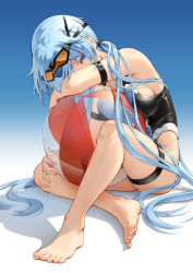 Rule 34 | 1girl, ball, barefoot, black one-piece swimsuit, blue background, blue eyes, blue hair, breasts, copyright request, eyewear on head, full body, gradient background, highres, large breasts, long hair, looking at viewer, one-piece swimsuit, pinakes, shadow, sitting, solo, sunglasses, swimsuit, toes, very long hair