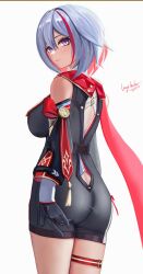 Rule 34 | 1girl, ass, breasts, closed mouth, commentary request, cowboy shot, dated, from behind, grey hair, highres, honkai: star rail, honkai (series), large breasts, looking at viewer, meginalter, multicolored hair, purple eyes, red hair, red scarf, scarf, short hair, signature, simple background, solo, streaked hair, thigh strap, topaz (honkai: star rail), white background