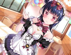 Rule 34 | 1girl, 3:, 3:&lt;, alternate costume, arm behind back, balloon, bare shoulders, black hair, blurry, blurry background, blush, bow, bowtie, breasts, breasts apart, chair, cleavage, cleavage cutout, clothing cutout, depth of field, detached sleeves, dress, dutch angle, enmaided, hair bow, hair bun, jewelry, long hair, looking at viewer, love live!, love live! sunshine!!, maid, maid headdress, necklace, paper chain, pout, puffy short sleeves, puffy sleeves, purple eyes, ribbon-trimmed sleeves, ribbon trim, short sleeves, side bun, single hair bun, single side bun, small breasts, solo, standing, striped bow, striped bowtie, striped clothes, striped neckwear, sweatdrop, table, textless version, tipii, tsushima yoshiko, v-shaped eyebrows, wrist cuffs