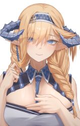 Rule 34 | 1girl, arknights, bare shoulders, blonde hair, blue eyes, blue hairband, blue necktie, braid, breasts, commentary, hairband, highres, horns, large breasts, long hair, looking at viewer, necktie, pointy ears, saileach (arknights), simple background, skindentation, smile, solo, upper body, white background, yueyue no hand