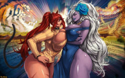 Rule 34 | 00s, 2girls, angry, animal ears, bad id, bare shoulders, blue skin, breast press, breasts, cat ears, cat tail, cleavage, cleavage cutout, clothing cutout, colored skin, crossed arms, curvy, dragon, dress, dungeon &amp; fighter, dungeon and fighter, eastern dragon, flower, hair flower, hair ornament, hands on own hips, huge breasts, lipstick, long hair, makeup, meme attire, monster girl, multiple girls, nail polish, open-chest sweater, open mouth, ponytail, purple skin, red hair, rivalry, sharan (dungeon and fighter), smile, sweater, symmetrical docking, tail, thick thighs, thighs, tiger, very long hair, white hair, wide hips, xxoom