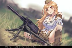Rule 34 | 1girl, ammunition belt, arigatoner, bandolier, blonde hair, blurry, blurry background, blush, boots, breasts, browning m2, cleavage, clothes around waist, garrison cap, girls&#039; frontline, gloves, gun, hat, heavy machine gun, jacket, jacket around waist, jewelry, large breasts, long hair, looking at viewer, m2hb (girls&#039; frontline), machine gun, necklace, outdoors, red eyes, shirt, sitting, sleeveless, sleeveless shirt, solo, tongue, tongue out, weapon, white gloves, white shirt