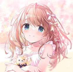 Rule 34 | 1girl, ahoge, arm across chest, blurry, blurry background, blush, bow, braid, breasts, brown hair, cleavage, closed mouth, collarbone, commentary, crossed arms, curly hair, dappled sunlight, dress, frilled dress, frills, green eyes, hair between eyes, hair bow, hair over eyes, holding, holding toy, kimishima ao, looking at viewer, medium breasts, medium hair, messy hair, momoi saki, hugging object, original, outdoors, pink dress, shadow, sleeveless, sleeveless dress, smile, solo, stuffed animal, stuffed toy, sunlight, symbol-only commentary, teddy bear, toy, upper body