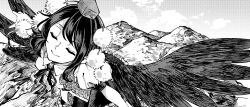 Rule 34 | 1girl, bird wings, closed eyes, closed mouth, cloud, collared shirt, greyscale, hat, highres, monochrome, mountain, mountainous horizon, mouryou (chimimouryou), outdoors, pom pom (clothes), shameimaru aya, shirt, short hair, sky, smile, solo, tokin hat, touhou, wings