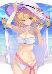 Rule 34 | 1girl, alice margatroid, arm up, bare arms, beach, bikini, blonde hair, blue sky, breasts, brown eyes, cleavage, commentary request, cowboy shot, day, doll, flower, hairband, hat, hat flower, highres, lolita hairband, looking at viewer, medium breasts, medium hair, navel, ocean, one eye closed, puuakachan, red flower, red hairband, red rose, rose, see-through, shanghai doll, sky, solo, stomach, string, sun hat, swimsuit, thigh gap, touhou, white bikini, white headwear