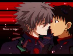 Rule 34 | 2boys, black background, black border, black gloves, bodysuit, border, brown eyes, brown hair, crying, crying with eyes open, english text, gloves, grey shirt, highres, ikari shinji, long sleeves, male focus, multicolored hair, multiple boys, nagisa kaworu, neon genesis evangelion, official style, parody, parted lips, red background, shirt, short hair, smile, spiked hair, style parody, tears, tousok, yaoi
