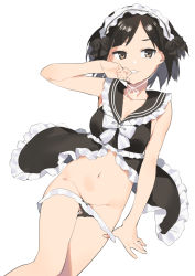 Rule 34 | 1girl, 2l (2lsize), arm up, babydoll, black hair, black panties, brown eyes, collarbone, groin, highres, lingerie, looking at viewer, lying, maid, maid headdress, navel, on back, original, panties, panty pull, parted lips, sailor collar, short hair, simple background, smile, solo, thighs, tsurime, underwear, white background