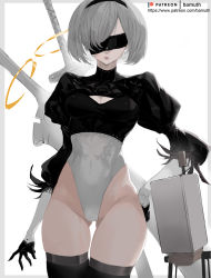 Rule 34 | 1girl, back cutout, bamuth, black blindfold, black hairband, blindfold, clothing cutout, covered eyes, feather-trimmed sleeves, hairband, highres, leotard, mole, mole under mouth, nier (series), nier:automata, pod (nier:automata), puffy sleeves, short hair, silver hair, thighhighs, thong leotard, 2b (nier:automata)