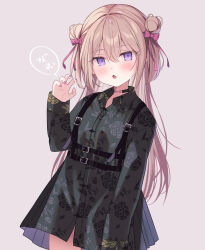 Rule 34 | 1girl, black dress, blush, bow, brown background, brown hair, collared dress, commentary request, cowboy shot, double bun, dress, ebihara beniko, fang, floral print, hair between eyes, hair bow, hair bun, highres, long hair, long sleeves, looking at viewer, nail polish, open mouth, original, pink bow, print dress, purple eyes, purple nails, sleeves past wrists, solo, translation request, two side up, very long hair