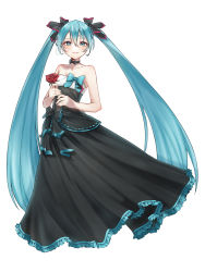 Rule 34 | 1girl, absurdres, after0217, aqua bow, aqua eyes, aqua hair, bare arms, bare shoulders, black bow, black dress, bow, bow choker, choker, closed mouth, dress, evening gown, flower, formal, frilled dress, frills, full body, hair between eyes, hatsune miku, highres, holding, holding flower, long dress, looking at viewer, miku symphony (vocaloid), no nose, red flower, red rose, rose, simple background, smile, solo, standing, strapless, strapless dress, twintails, vocaloid, white background