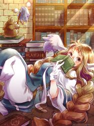 Rule 34 | 1girl, 1other, animal ears, blue robe, book, book stack, bookshelf, braid, breath of fire, breath of fire iii, covering own mouth, duster, glasses, gloves, hamamuraacca, highres, holding, holding book, holding duster, honey (breath of fire), long hair, looking at viewer, lying, momo (breath of fire), on back, pince-nez, red eyes, red hair, robe, twin braids, white gloves