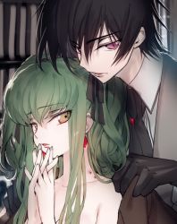 Rule 34 | 1boy, 1girl, black gloves, black hair, black ribbon, breasts, c.c., cleavage, clothed male nude female, code geass, collarbone, creayus, gloves, green hair, grey shirt, hair between eyes, hair ribbon, interlocked fingers, lelouch vi britannia, long hair, looking at viewer, medium breasts, nude, open mouth, own hands clasped, own hands together, purple eyes, ribbon, shirt, twintails, upper body, vampire, very long hair, yellow eyes