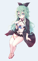 Rule 34 | 1girl, bikini, bikini under clothes, black ribbon, blue eyes, blue ribbon, blush, breasts, cleavage, collarbone, commentary request, emia wang, floral print, frilled bikini, frills, full body, green hair, hair between eyes, hair ornament, hair ribbon, hairclip, hand on own chest, highres, jacket, kantai collection, legs, long hair, looking at viewer, medium breasts, navel, open mouth, parted bangs, ponytail, red ribbon, ribbon, sidelocks, simple background, sitting, solo, swimsuit, swimsuit under clothes, thighs, yamakaze (kancolle), yellow ribbon