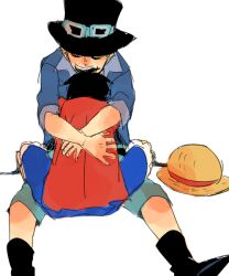 2boys black_hair black_hat blonde_hair blue_coat blue_shorts boots brothers closed_eyes coat commentary_request goggles goggles_on_head hat hug jump_(ah0029) male_focus monkey_d._luffy multiple_boys one_piece red_shirt sabo_(one_piece) shirt shorts siblings simple_background straw_hat top_hat white_background