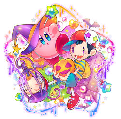 Rule 34 | 2boys, bat (animal), birdcage, black hair, blue shorts, cage, doseisan, fang, fangs, hair ornament, halloween, happy, hat, heart, kirby, kirby (series), mother (game), mother 2, multiple boys, ness (mother 2), nintendo, otoe (milkyboy inc.), pumpkin, shorts, skin fang, skin fangs, skull hair ornament, smile, super smash bros., voice actor connection, witch hat