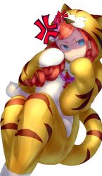 Rule 34 | 1girl, anger vein, angry, animal costume, animal hood, animal print, anna fugo, annoyed, blue eyes, braid, clenched teeth, cosplay, drill hair, exxe mkii, granbelm, hair over shoulder, hair ribbon, highres, hood, kigurumi, knees up, long hair, paw pose, pink ribbon, red hair, ribbon, romaji commentary, shaded face, side braid, sideways glance, simple background, sitting, solo, teeth, tiger costume, tiger print, white background, white ribbon