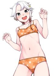 Rule 34 | 1girl, akishimo (kancolle), asymmetrical hair, bra, breasts, brown hair, cowboy shot, floral print, from below, gluteal fold, gradient hair, hair ornament, kantai collection, kumadano, leaf hair ornament, multicolored hair, orange bra, orange panties, panties, short hair, short hair with long locks, silver hair, simple background, small breasts, solo, underwear, underwear only, white background