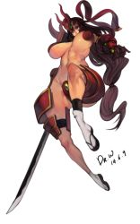 Rule 34 | 1girl, abs, armor, bouncing breasts, breasts, brown hair, dr.wolf, functionally nude, huge breasts, katana, long hair, samurai, solo, sword, weapon, white background