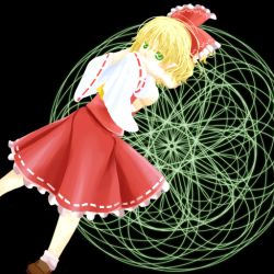 Rule 34 | 1girl, ankle socks, aquanzu, arms up, black background, blonde hair, bow, cosplay, covering own mouth, detached sleeves, dutch angle, female focus, green eyes, hair bow, hakurei reimu, hakurei reimu (cosplay), light trail, looking at viewer, mizuhashi parsee, pointy ears, short hair, simple background, skirt, socks, solo, touhou, vest