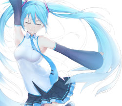 Rule 34 | 1girl, arm up, armpits, black skirt, black sleeves, blue hair, blue necktie, closed eyes, collared shirt, detached sleeves, floating hair, hair between eyes, hatsune miku, long hair, long sleeves, mari (doraerin0), miniskirt, necktie, outstretched arms, pleated skirt, shirt, simple background, skirt, sleeveless, sleeveless shirt, sleeves past wrists, smile, solo, very long hair, vocaloid, white background, white shirt, wide sleeves, wing collar