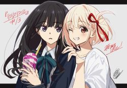 Rule 34 | 2girls, black hair, blonde hair, blue ribbon, copyright name, cup, drinking straw, hair ribbon, hand on another&#039;s shoulder, highres, holding, holding cup, inoue takina, kawachi rin, letterboxed, lycoris recoil, lycoris uniform, multiple girls, nishikigi chisato, one eye closed, one side up, open mouth, parted lips, purple eyes, red eyes, red ribbon, ribbon, school uniform, shirt, signature, white background, white shirt