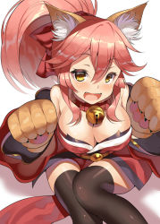 Rule 34 | 1girl, animal ears, animal hands, bell, breasts, cleavage, collar, fate/grand order, fate (series), fox ears, fox tail, from above, gloves, hair ribbon, japanese clothes, kurogoma (haruhi3), large breasts, long hair, looking at viewer, neck bell, off shoulder, open mouth, paw gloves, pink hair, ribbon, solo, tail, tamamo (fate), tamamo cat (fate), tamamo cat (first ascension) (fate), tamamo no mae (fate/extra), yellow eyes