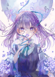 Rule 34 | 1girl, absurdres, bow, diamond (shape), diamond hair ornament, dress, flower, frilled shirt collar, frilled sleeves, frills, hair ornament, hand on own face, highres, holding, holding flower, hydrangea, lace, lace-trimmed shirt, lace trim, long hair, looking at viewer, original, purple bow, purple dress, purple eyes, purple hair, purple ribbon, ribbon, seisaiminty, shirt, short sleeves, signature, solo, water, water drop, white shirt