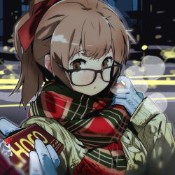 Rule 34 | 1girl, black-framed eyewear, brown eyes, brown hair, cable knit, candy, chocolate, chocolate bar, food, glasses, gloves, hair ribbon, holding, holding food, incoming food, k-kili, long sleeves, looking at viewer, night, original, parted lips, plaid, plaid scarf, ponytail, red ribbon, red scarf, ribbon, scarf, short ponytail, solo, sweater, upper body, valentine, white gloves, yellow sweater
