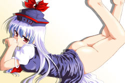 Rule 34 | 1girl, ass, barefoot, blue dress, blue hair, bottomless, breasts, dress, eyebrows, eyes visible through hair, female focus, finger in own mouth, gradient background, hand on own face, hat, kamishirasawa keine, long hair, looking at viewer, lying, mikage baku, multicolored hair, neckerchief, no panties, on stomach, puffy short sleeves, puffy sleeves, red eyes, shadow, short sleeves, silver hair, solo, suggestive fluid, touhou, two-tone hair, white background, yellow background